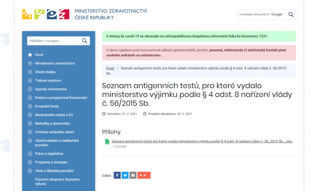 Webová stránka Ministerstva zdravotnictví