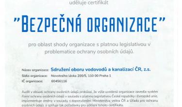 Certifikát „Bezpečná organizace“ pro SOVAK ČR